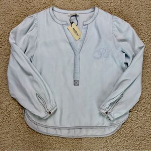 RAGDOLL LA NWT Denim Blouse with Embroidered R V-neck Puff Sleeve Blue XS